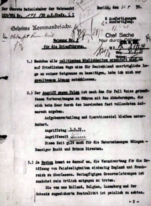 Official order for the attack against Poland, starting World War II, which Adolf Hitler signed at 12:40 ordering the attack to begin at 4:45 the following night